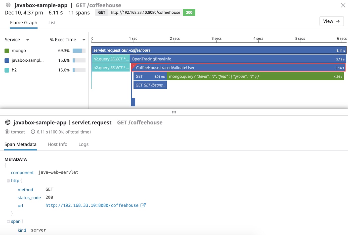 Example of a trace for a Java application Example of a trace for a Java application