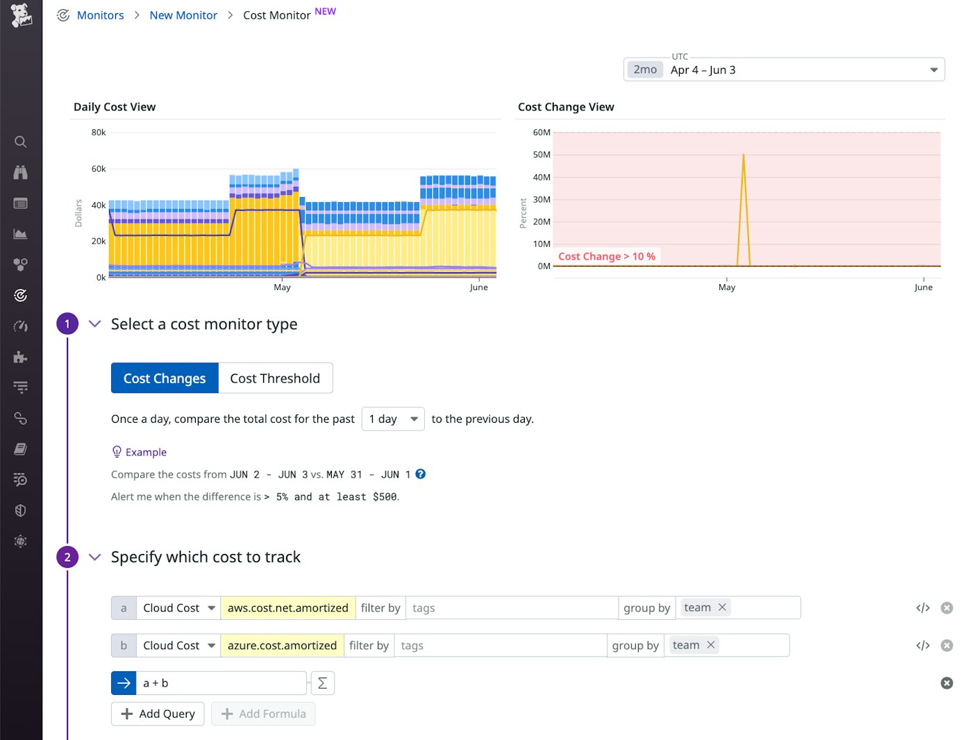 A cost monitor tracks increases in combined AWS and Azure costs from one day to the next. A cost monitor tracks increases in combined AWS and Azure costs from one day to the next.
