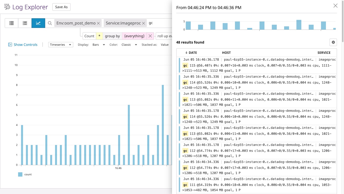 Datadog's Log Analytics view showing Golang garbage collection logs. Datadog's Log Analytics view showing Golang garbage collection logs.