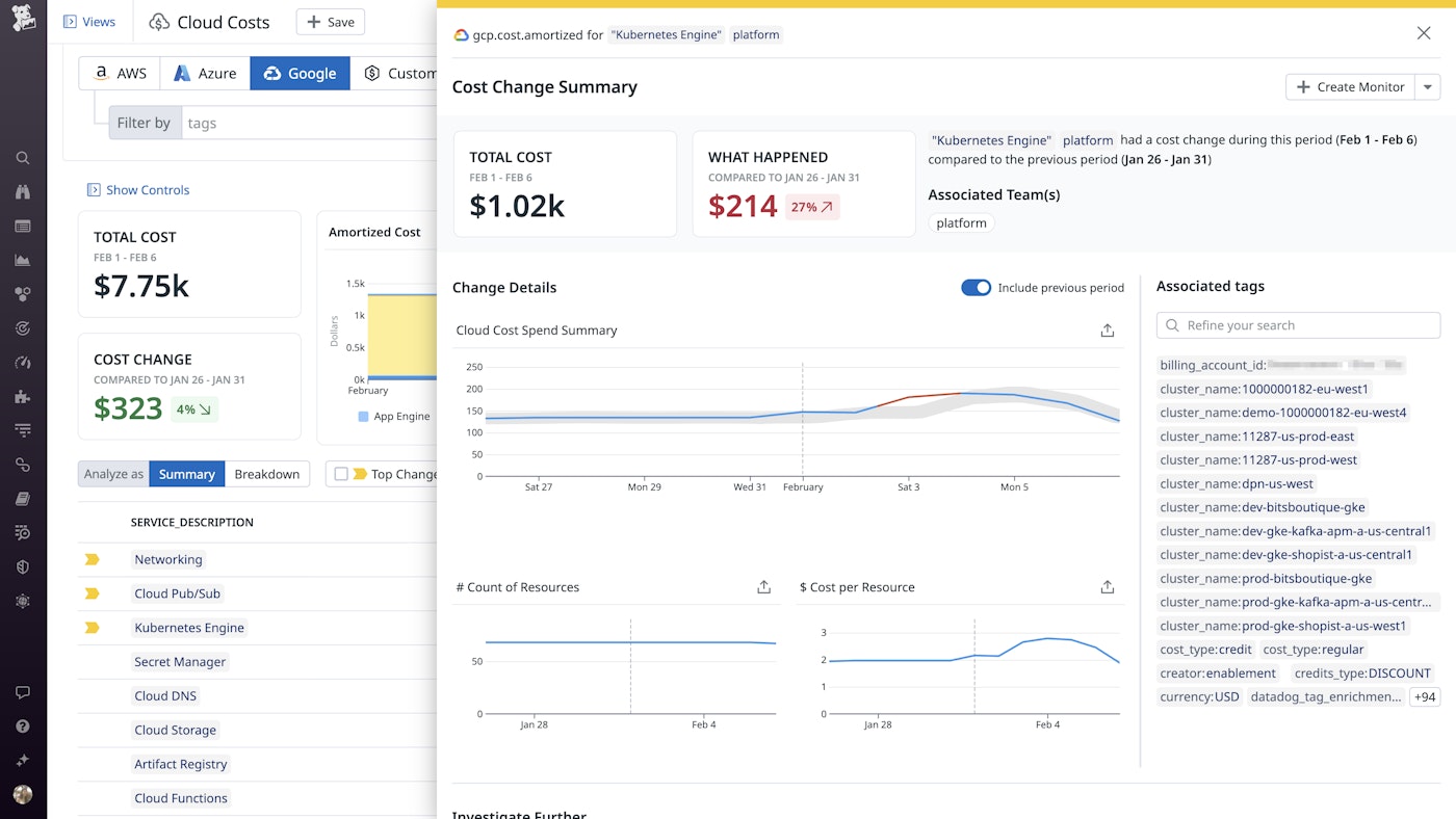 Datadog Cloud Cost Management shows that the platform team's GKE costs have increased 27 percent over the past few days, compared to the previous period. Datadog Cloud Cost Management shows that the platform team's GKE costs have increased 27 percent over the past few days, compared to the previous period.
