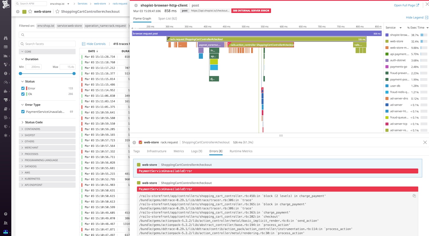 A flame graph in Datadog showing a request with an associated error stacktrace A flame graph in Datadog showing a request with an associated error stacktrace