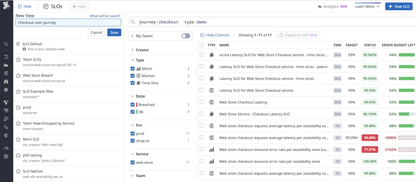 We have created a Saved View for SLOs related to the checkout user journey. We have created a Saved View for SLOs related to the checkout user journey.