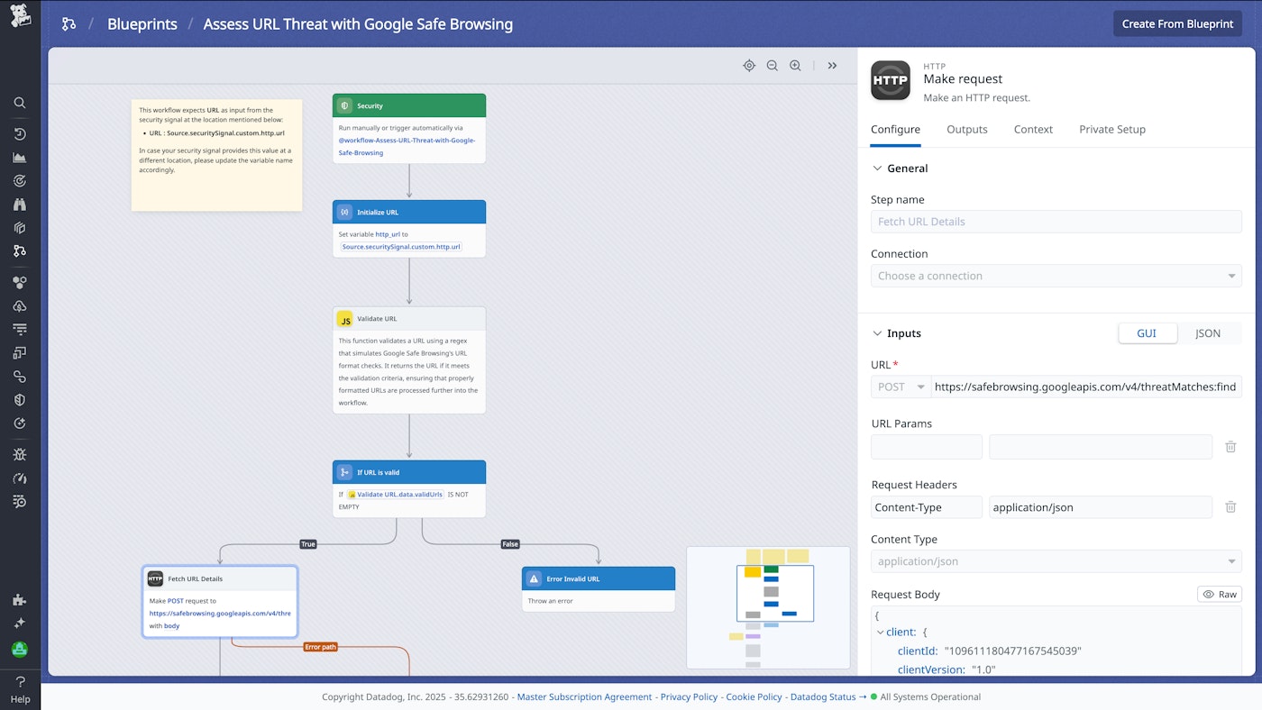 The blueprint for the SOAR workflow that assess URLs using Google Safe Browsing. The blueprint for the SOAR workflow that assess URLs using Google Safe Browsing.