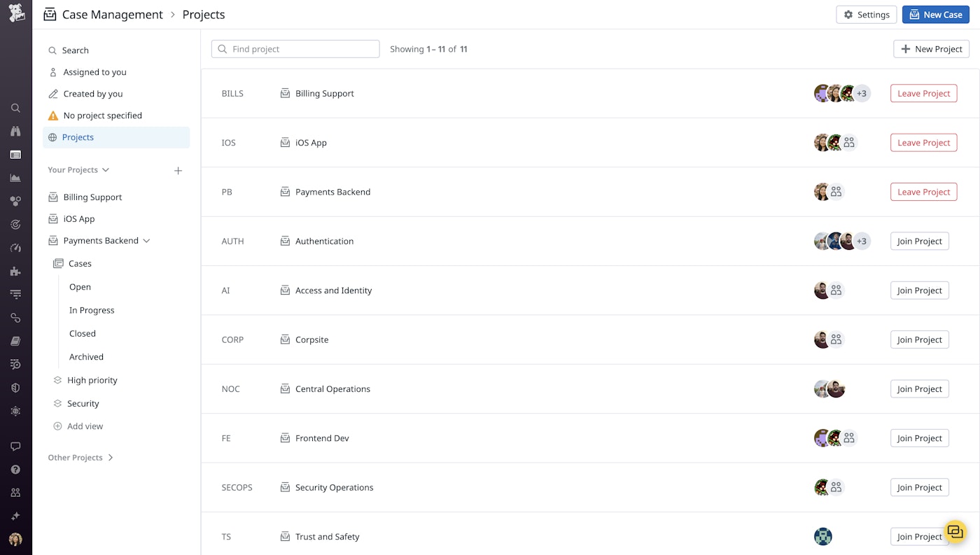 A list of projects within Case Management, showing the project names and associated teams. A list of projects within Case Management, showing the project names and associated teams.