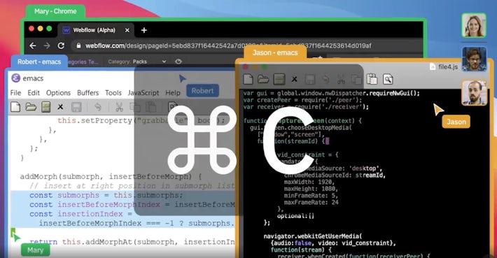 Three screens shared by different users, one of them copying code snippet from one window to another